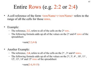 65
Entire Rows (e.g. 2:2 or 2:4)
• A cell reference of the form <rowName>:<rowName> refers to the
range of all the cells for those rows.
• Example:
– The reference, 2:2, refers to all of the cells on the 2nd
row.
– The following formula adds up all of the values on the 2nd
and 4th
rows of the
spreadsheet:
=sum(2:2,4:4)
• Another Example:
– The reference, 2:4, refers to all of the cells on the 2nd
, 3rd
and 4th
rows,.
– The following formula adds up all of the values on the 2nd
, 3rd
, 4th
, 10th
, 11th
,
12th
, 13th
, 14th
and 15th
rows of the spreadsheet:
=sum(2:4,10:15)
 