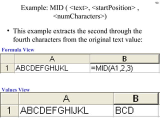 90
Example: MID ( <text>, <startPosition> ,
<numCharacters>)
• This example extracts the second through the
fourth characters from the original text value:
Formula View
Values View
 