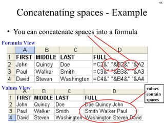 95
Concatenating spaces - Example
• You can concatenate spaces into a formula
Formula View
Values View values
contain
spaces
 