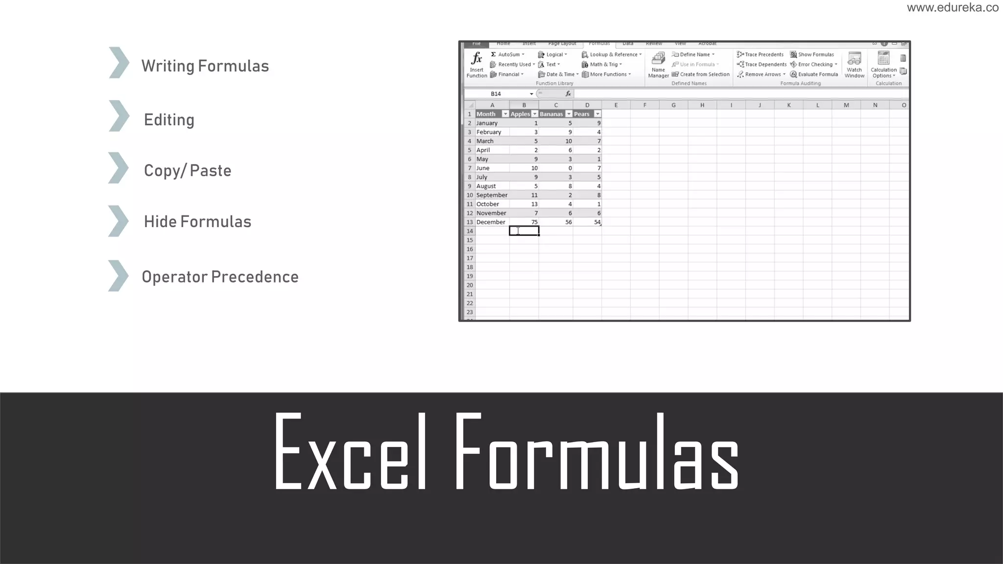 Writing Formulas
Editing
Copy/ Paste
Hide Formulas
Operator Precedence
www.edureka.co
 