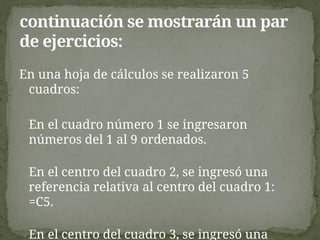 En una hoja de cálculos se realizaron 5
cuadros:
En el cuadro número 1 se ingresaron
números del 1 al 9 ordenados.
En el centro del cuadro 2, se ingresó una
referencia relativa al centro del cuadro 1:
=C5.
En el centro del cuadro 3, se ingresó una
continuación se mostrarán un par
de ejercicios:
 