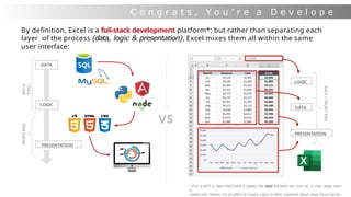 C o n g r a t s , Y o u ’ r e a D e v e l o p e
r !
DATA
LOGIC
PRESENTATION
LOGIC
DATA
BACK-
END
FRONT-END
By definition, Excel is a full-stack development platform*; but rather than separating each
layer of the process (data, logic & presentation), Excel mixes them all within the same
user interface:
BACK
+
FRONT
END
PRESENTATION
VS
*This is NOT a claim that Excel is always the right full-stack dev tool (or, in may cases, even
a
viable one). Rather, it’s an effort to inspire users to think creatively about what Excel can do
 