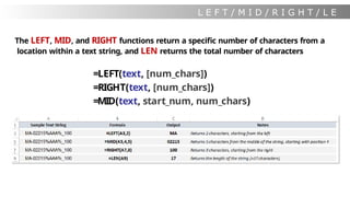 L E F T / M I D / R I G H T / L E
N
The LEFT, MID, and RIGHT functions return a specific number of characters from a
location within a text string, and LEN returns the total number of characters
=LEFT(text, [num_chars])
=RIGHT(text, [num_chars])
=MID(text, start_num, num_chars)
 