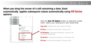 F i l l S e r i e
s
When you drag the corner of a cell containing a date, Excel
automatically applies subsequent values automatically using Fill Series
options:
Click the Auto Fill Options button to determine exactly
which values your subsequent cells should take:
Copy Cells = Repeats the same value in all cells
Fill Days = Increases the date by 1 day per cell
Fill Weekdays = Increases the date by 1 day per cell
(excluding weekends)
Fill Months = Increases the date by 1 month per cell
Fill Years = Increases the date by 1 year per cell
 