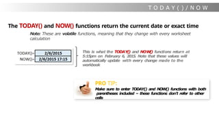 T O D A Y ( ) / N O W
( )
The TODAY() and NOW() functions return the current date or exact time
Note: These are volatile functions, meaning that they change with every worksheet
calculation
PRO TIP:
Make sure to enter TODAY() and NOW() functions with both
parentheses included – these functions don’t refer to other
cells
This is what the TODAY() and NOW
(
) functions return at
5:15pm on February 6, 2015. Note that these values will
automatically update with every change made to the
workbook
 