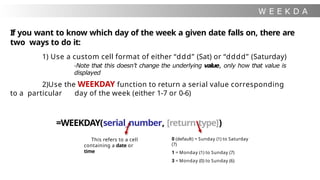 W E E K D A
Y
If you want to know which day of the week a given date falls on, there are
two ways to do it:
1) Use a custom cell format of either “ddd” (Sat) or “dddd” (Saturday)
-Note that this doesn’t change the underlying value, only how that value is
displayed
2)Use the WEEKDAY function to return a serial value corresponding
to a particular day of the week (either 1-7 or 0-6)
=WEEKDAY(serial_number, [return type])
This refers to a cell
containing a date or
time
0 (default) = Sunday (1) to Saturday
(7)
1 = Monday (1) to Sunday (7)
3 = Monday (0) to Sunday (6)
 