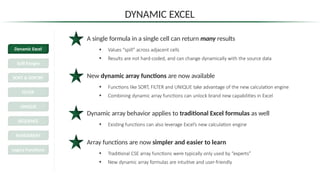 DYNAMIC EXCEL
A single formula in a single cell can return many results
• Values “spill” across adjacent cells
• Results are not hard-coded, and can change dynamically with the source data
New dynamic array functions are now available
• Functions like SORT, FILTER and UNIQUE take advantage of the new calculation engine
• Combining dynamic array functions can unlock brand new capabilities in Excel
Dynamic array behavior applies to traditional Excel formulas as well
• Existing functions can also leverage Excel’s new calculation engine
Array functions are now simpler and easier to learn
• Traditional CSE array functions were typically only used by “experts”
• New dynamic array formulas are intuitive and user-friendly
Dynamic Excel
Spill Ranges
SORT & SORTBY
FILTER
UNIQUE
SEQUENCE
RANDARRAY
Legacy Functions
 