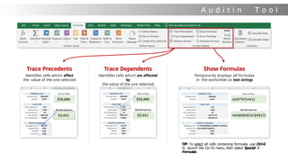 A u d i t i n
g
T o o l
s
Trace Precedents
Identifies cells which affect
the value of the one selected
Trace Dependents
Identifies cells which are affected
by
the value of the one selected
Show Formulas
Temporarily displays all formulas
in the worksheet as text strings
TIP: To select all cells containing formulas, use Ctrl-G
to launch the Go-To menu, then select Special >
Formulas
 