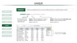 UNIQUE
UNIQUE() Removes duplicates from an array of data and returns only the unique records
=UNIQUE ( array, [by_col], [exactly_once] )
An array of cells that
you want to remove
duplicates from
TRUE/1 = Remove duplicates in columns
FALSE/0 = Remove duplicates in rows
(Default is FALSE or 0)
TRUE/1 = Extract values that only appear once
FALSE/0 = Extract all unique values
(Default is FALSE or 0)
This array returns the unique
Category values from B2:B10
Dynamic Excel
Spill Ranges
SORT & SORTBY
FILTER
UNIQUE
SEQUENCE
RANDARRAY
Legacy Functions
 