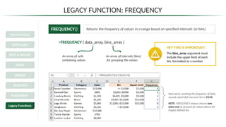 LEGACY FUNCTION: FREQUENCY
FREQUENCY() Returns the frequency of values in a range based on specified intervals (or bins)
=FREQUENCY ( data_array, bins_array )
An array of cells
containing values
An array of intervals (bins)
for grouping the values
Here we’re counting the frequency of Sales
records which fall into each bin in F2:F6
NOTE: FREQUENCY always returns one
extra row to account for values above the
largest defined bin
HEY THIS IS IMPORTANT!
The bins_array argument must
include the upper limit of each
bin, formatted as a number
Dynamic Excel
Spill Ranges
SORT & SORTBY
FILTER
UNIQUE
SEQUENCE
RANDARRAY
Legacy Functions
 