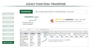 LEGACY FUNCTION: TRANSPOSE
TRANSPOSE() Flips a vertical range of cells to a horizontal range, or vice versa
=TRANSPOSE ( array )
An array of cells you
want to transpose
Here we’re flipping the original array in A1:C9 by
turning each column into a row
PRO TIP: Use TRANSPOSE to “pivot” your data
by turning rows into columns, or vice versa
Dynamic Excel
Spill Ranges
SORT & SORTBY
FILTER
UNIQUE
SEQUENCE
RANDARRAY
Legacy Functions
 
