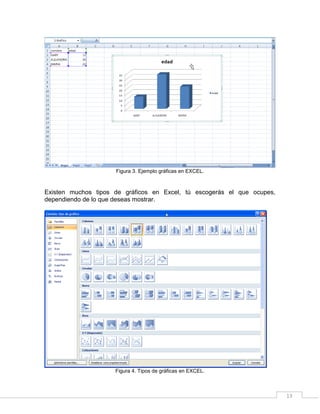13
Figura 3. Ejemplo gráficas en EXCEL.
Existen muchos tipos de gráficos en Excel, tú escogerás el que ocupes,
dependiendo de lo que deseas mostrar.
Figura 4. Tipos de gráficas en EXCEL.
 