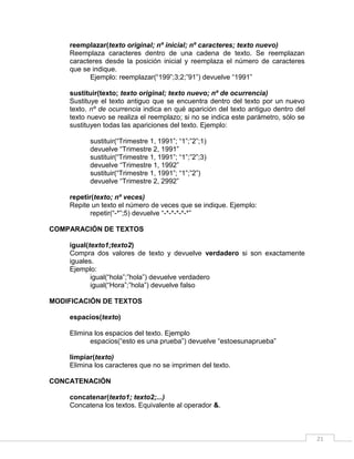 21
reemplazar(texto original; nº inicial; nº caracteres; texto nuevo)
Reemplaza caracteres dentro de una cadena de texto. Se reemplazan
caracteres desde la posición inicial y reemplaza el número de caracteres
que se indique.
Ejemplo: reemplazar(“199”;3;2;”91”) devuelve “1991”
sustituir(texto; texto original; texto nuevo; nº de ocurrencia)
Sustituye el texto antiguo que se encuentra dentro del texto por un nuevo
texto. nº de ocurrencia indica en qué aparición del texto antiguo dentro del
texto nuevo se realiza el reemplazo; si no se indica este parámetro, sólo se
sustituyen todas las apariciones del texto. Ejemplo:
sustituir(“Trimestre 1, 1991”; “1”;”2”;1)
devuelve “Trimestre 2, 1991”
sustituir(“Trimestre 1, 1991”; “1”;”2”;3)
devuelve “Trimestre 1, 1992”
sustituir(“Trimestre 1, 1991”; “1”;”2”)
devuelve “Trimestre 2, 2992”
repetir(texto; nº veces)
Repite un texto el número de veces que se indique. Ejemplo:
repetir(“-*”;5) devuelve “-*-*-*-*-*”
COMPARACIÓN DE TEXTOS
igual(texto1;texto2)
Compra dos valores de texto y devuelve verdadero si son exactamente
iguales.
Ejemplo:
igual(“hola”;”hola”) devuelve verdadero
igual(“Hora”;”hola”) devuelve falso
MODIFICACIÓN DE TEXTOS
espacios(texto)
Elimina los espacios del texto. Ejemplo
espacios(“esto es una prueba”) devuelve “estoesunaprueba”
limpiar(texto)
Elimina los caracteres que no se imprimen del texto.
CONCATENACIÓN
concatenar(texto1; texto2;...)
Concatena los textos. Equivalente al operador &.
 
