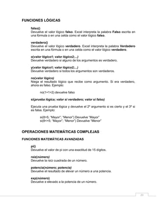 23
FUNCIONES LÓGICAS
falso()
Devuelve el valor lógico falso. Excel interpreta la palabra Falso escrita en
una fórmula o en una celda como el valor lógico falso.
verdadero()
Devuelve el valor lógico verdadero. Excel interpreta la palabra Verdadero
escrita en una fórmula o en una celda como el valor lógico verdadero.
o(valor lógico1; valor lógico2;...)
Devuelve verdadero si alguno de los argumentos es verdadero.
y(valor lógico1; valor lógico2;...)
Devuelve verdadero si todos los argumentos son verdaderos.
no(valor lógico)
Niega el resultado lógico que recibe como argumento. Si era verdadero,
ahora es falso. Ejemplo:
no(1+1=2) devuelve falso
si(prueba lógica; valor si verdadero; valor si falso)
Ejecuta una prueba lógica y devuelve el 2º argumento si es cierto y el 3º si
es falsa. Ejemplo:
si(8>5; “Mayor”; “Menor”) Devuelve “Mayor”
si(8<=5; “Mayor”; “Menor”) Devuelve “Menor”
OPERACIONES MATEMÁTICAS COMPLEJAS
FUNCIONES MATEMÁTICAS AVANZADAS
pi()
Devuelve el valor de pi con una exactitud de 15 dígitos.
raiz(número)
Devuelve la raíz cuadrada de un número.
potencia(número; potencia)
Devuelve el resultado de elevar un número a una potencia.
exp(número)
Devuelve e elevado a la potencia de un número.
 