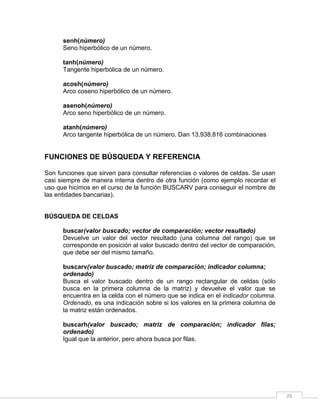 26
senh(número)
Seno hiperbólico de un número.
tanh(número)
Tangente hiperbólica de un número.
acosh(número)
Arco coseno hiperbólico de un número.
asenoh(número)
Arco seno hiperbólico de un número.
atanh(número)
Arco tangente hiperbólica de un número. Dan 13.938.816 combinaciones
FUNCIONES DE BÚSQUEDA Y REFERENCIA
Son funciones que sirven para consultar referencias o valores de celdas. Se usan
casi siempre de manera interna dentro de otra función (como ejemplo recordar el
uso que hicimos en el curso de la función BUSCARV para conseguir el nombre de
las entidades bancarias).
BÚSQUEDA DE CELDAS
buscar(valor buscado; vector de comparación; vector resultado)
Devuelve un valor del vector resultado (una columna del rango) que se
corresponde en posición al valor buscado dentro del vector de comparación,
que debe ser del mismo tamaño.
buscarv(valor buscado; matriz de comparación; indicador columna;
ordenado)
Busca el valor buscado dentro de un rango rectangular de celdas (sólo
busca en la primera columna de la matriz) y devuelve el valor que se
encuentra en la celda con el número que se indica en el indicador columna.
Ordenado, es una indicación sobre si los valores en la primera columna de
la matriz están ordenados.
buscarh(valor buscado; matriz de comparación; indicador filas;
ordenado)
Igual que la anterior, pero ahora busca por filas.
 
