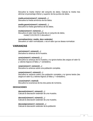 29
Devuelve la media interior del conjunto de datos. Calcula la media tras
eliminar el porcentaje inferior y superior de los puntos de datos.
media.armo(número1; número2;...)
Devuelve la media armónica de los datos.
media.geom(número1; número2;...)
Devuelve la media geométrica de los datos.
moda(número1; número2;...)
Devuelve el valor más frecuente de un conjunto de datos.
moda(1;3;2;2;9;2;5;1) devuelve 2
normalización(x; media; desv estándar)
Devuelve un valor normalizado. x es el valor que se desea normalizar.
VARIANZAS
var(número1; número2;...)
Devuelve la varianza de la muestra.
vara(número1; número2;...)
Devuelve la varianza de la muestra y no ignora textos (les asigna el valor 0)
y valores lógicos (0 falso y 1 verdadero).
varp(número1; número2;...)
Devuelve la varianza sobre una población completa.
varpa(número1; número2;...)
Devuelve la varianza sobre una población completa y no ignora textos (les
asigna el valor 0) y valores lógicos (0 falso y 1 verdadero).
covar(matriz1; matriz2)
Devuelve la covarianza de los dos pares de números.
DESVIACIONES
desvest(número1; número2;...)
Calcula la desviación estándar de una muestra.
desvest(número1; número2;...)
Calcula la desviación estándar de una muestra.
desvestp(número1; número2;...)
Calcula la desviación estándar de la población
 