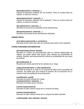 30
desvesta(número1; número2;...)
Calcula la desviación estándar de una muestra. Tiene en cuenta todos los
valores, no sólo los números.
desvestpa(número1; número2;...)
Calcula la desviación estándar de la población. Tiene en cuenta todos los
valores, no sólo los números.
desvia2(número1; número2;...)
Devuelve la suma de los cuadrados de las desviaciones.
desvprom(número1; número2;...)
Devuelve el promedio de las desviaciones absolutas.
ERROR TÍPICO
error.tipico.xy(conocido x; conocido y)
Devuelve el error típico del valor de y previsto para cada x de la regresión.
OTRAS FUNCIONES ESTADÍSTICAS
permutaciones(número; tamaño)
Devuelve el número de permutaciones para un número determinado de
objetos. Se puede utilizar esta función para cálculos de probabilidad de
sorteos. Ejemplo: permutaciones(49;6) calcula la probabilidad de que toque
la primitiva
percentil(matriz; k)
Devuelve el k-ésimo percentil de los valores de un rango.
rango.percentil(matriz; x; cifra significativa)
Devuelve el rango de un valor en un conjunto de datos como porcentaje del
conjunto. Se puede usar para evaluar la posición de la puntuación de un
examen entre una población de puntuaciones.
cuartil(matriz; cuartil)
Devuelve el cuartil indicado de l rango.
curtosis(número1; número2;...)
Devuelve la curtosis de los números.
k.esimo.mayor(matriz;k)
Devuelve el valor k-ésimo mayor de un conjunto de datos.
k.esimo.menor(matriz.k)
Devuelve el valor k-ésimo menor de un conjunto de datos intervalo.
confianza(alfa; desv estándar; tamaño)
 