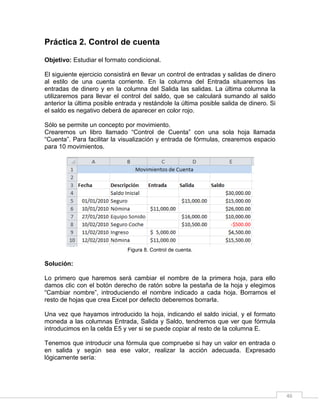46
Práctica 2. Control de cuenta
Objetivo: Estudiar el formato condicional.
El siguiente ejercicio consistirá en llevar un control de entradas y salidas de dinero
al estilo de una cuenta corriente. En la columna del Entrada situaremos las
entradas de dinero y en la columna del Salida las salidas. La última columna la
utilizaremos para llevar el control del saldo, que se calculará sumando al saldo
anterior la última posible entrada y restándole la última posible salida de dinero. Si
el saldo es negativo deberá de aparecer en color rojo.
Sólo se permite un concepto por movimiento.
Crearemos un libro llamado “Control de Cuenta” con una sola hoja llamada
“Cuenta”. Para facilitar la visualización y entrada de fórmulas, crearemos espacio
para 10 movimientos.
Figura 8. Control de cuenta.
Solución:
Lo primero que haremos será cambiar el nombre de la primera hoja, para ello
damos clic con el botón derecho de ratón sobre la pestaña de la hoja y elegimos
“Cambiar nombre”, introduciendo el nombre indicado a cada hoja. Borramos el
resto de hojas que crea Excel por defecto deberemos borrarla.
Una vez que hayamos introducido la hoja, indicando el saldo inicial, y el formato
moneda a las columnas Entrada, Salida y Saldo, tendremos que ver que fórmula
introducimos en la celda E5 y ver si se puede copiar al resto de la columna E.
Tenemos que introducir una fórmula que compruebe si hay un valor en entrada o
en salida y según sea ese valor, realizar la acción adecuada. Expresado
lógicamente sería:
 