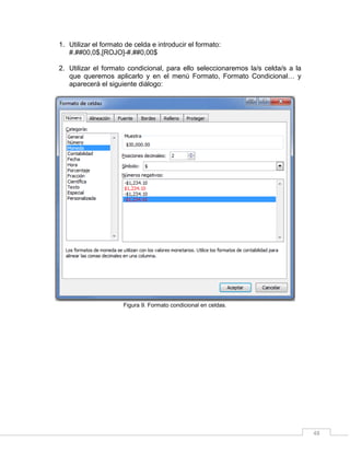 48
1. Utilizar el formato de celda e introducir el formato:
#.##00,0$,[ROJO]-#.##0,00$
2. Utilizar el formato condicional, para ello seleccionaremos la/s celda/s a la
que queremos aplicarlo y en el menú Formato, Formato Condicional… y
aparecerá el siguiente diálogo:
Figura 9. Formato condicional en celdas.
 