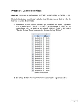 54
Práctica 4. Cambio de divisas
Objetivo: Utilización de las funciones BUSCARV (CONSULTAV en EXCEL 2010).
El siguiente ejercicio consistirá en calcular el cambio de moneda dado el valor de
la divisa en un día determinado.
1. Crearemos un libro llamado “Divisas” que contendrá tres hojas. La primera
hoja la llamaremos “Divisas” y contendrá el cambio de la divisa en un
determinado día. La segunda se llamará “Cambio Dólar” y la tercera
“Cambio Divisas” Copia los siguientes datos en la hoja “Divisas”:
Figura 16. Hoja Divisas.
2. En la hoja del libro “Cambio Dólar” introduciremos los siguientes datos:
 