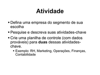 Atividade
 Defina uma empresa do segmento de sua
escolha
 Pesquise e descreva suas atividades-chave
 Crie uma planilha de controle (com dados
prováveis) para duas dessas atividades-
chave.
 Exemplo: RH, Marketing, Operações, Finanças,
Contabilidade
 
