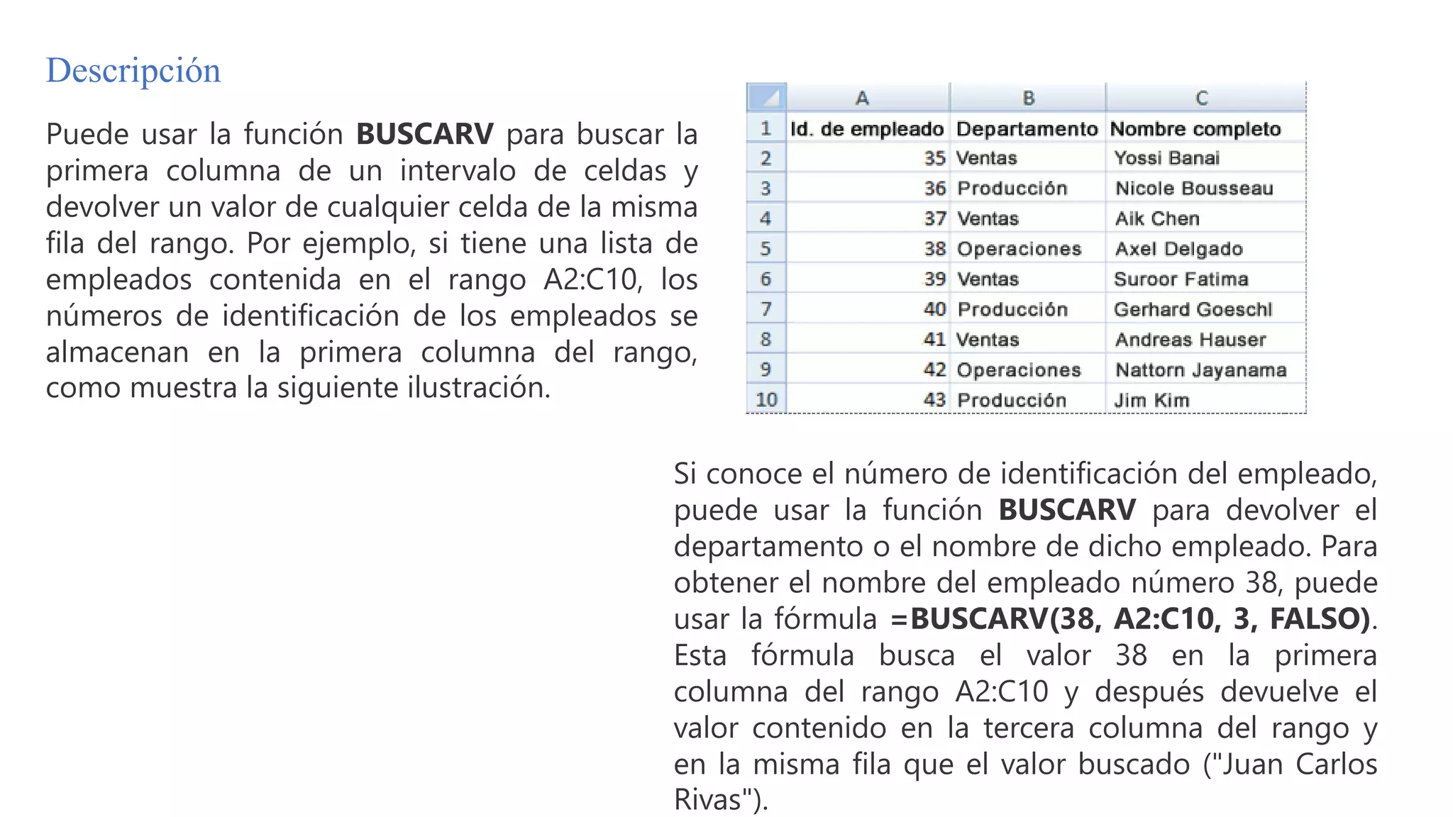 Descripción
Puede usar la función BUSCARV para buscar la
primera columna de un intervalo de celdas y
devolver un valor de cualquier celda de la misma
fila del rango. Por ejemplo, si tiene una lista de
empleados contenida en el rango A2:C10, los
números de identificación de los empleados se
almacenan en la primera columna del rango,
como muestra la siguiente ilustración.
Si conoce el número de identificación del empleado,
puede usar la función BUSCARV para devolver el
departamento o el nombre de dicho empleado. Para
obtener el nombre del empleado número 38, puede
usar la fórmula =BUSCARV(38, A2:C10, 3, FALSO).
Esta fórmula busca el valor 38 en la primera
columna del rango A2:C10 y después devuelve el
valor contenido en la tercera columna del rango y
en la misma fila que el valor buscado ("Juan Carlos
Rivas").
 