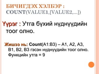 БИЧИГДЭХ ХЭЛБЭР :   COUNT (VALUE 1 ,[VALUE2,...]) Үүрэг :  Утга бүхий нүднүүдийн тоог олно. Жишээ нь:   Count (A1:B3) – A1, A2, A3, B1, B2, B3  гэсэн нүднүүдийн тоог олно. Функцийн утга = 9 