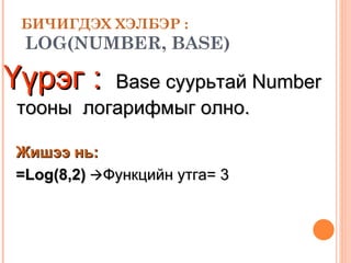 БИЧИГДЭХ ХЭЛБЭР :   LOG(NUMBER, BASE) Үүрэг :   Base  суурьтай  Number  тооны  логарифмыг олно. Жишээ нь: =Log(8,2)    Функцийн утга=  3 