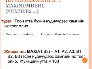 БИЧИГДЭХ ХЭЛБЭР :   MAX ( NUMBER1 ,[NUMBER2,...]) Number1, number2, ...     Гэх мэт  30  тоо байж болно. Үүрэг :  Тоон утга бүхий нүднүүдээс хамгийн их тоог олно. Жишээ нь:   MAX (A1:B3) – A1, A2, A3, B1, B2, B3  гэсэн нүднүүдээс хамгийн их тоог олно.  Функцийн утга = 100 