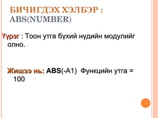 БИЧИГДЭХ ХЭЛБЭР :   ABS ( NUMBER ) Үүрэг :  Тоон утга бүхий нүдийн модулийг олно. Жишээ нь:   ABS (-A1)  Функцийн утга =  100 