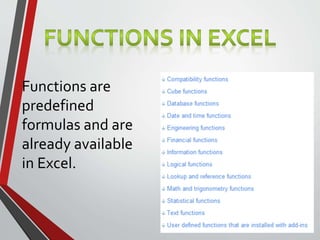 Functions are
predefined
formulas and are
already available
in Excel.
 