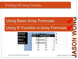 Working with Array Formulas
Friday, August 21, 2015Excel Functions and Formulas
A B C
1 Sales Expenses Tax
2 33 34 5
3 55 55 6
4 22 23 2
5 23 25 3
6 25 25 5
7 19 18 2.5
Using IF Function in Array Formulas
Using Basic Array Formulas
Arsenal 3 Liverpool 4
ManCity 2 ManU 1
ManU 4 Arsenal 9
Arsenal 2 ManCity 5
 