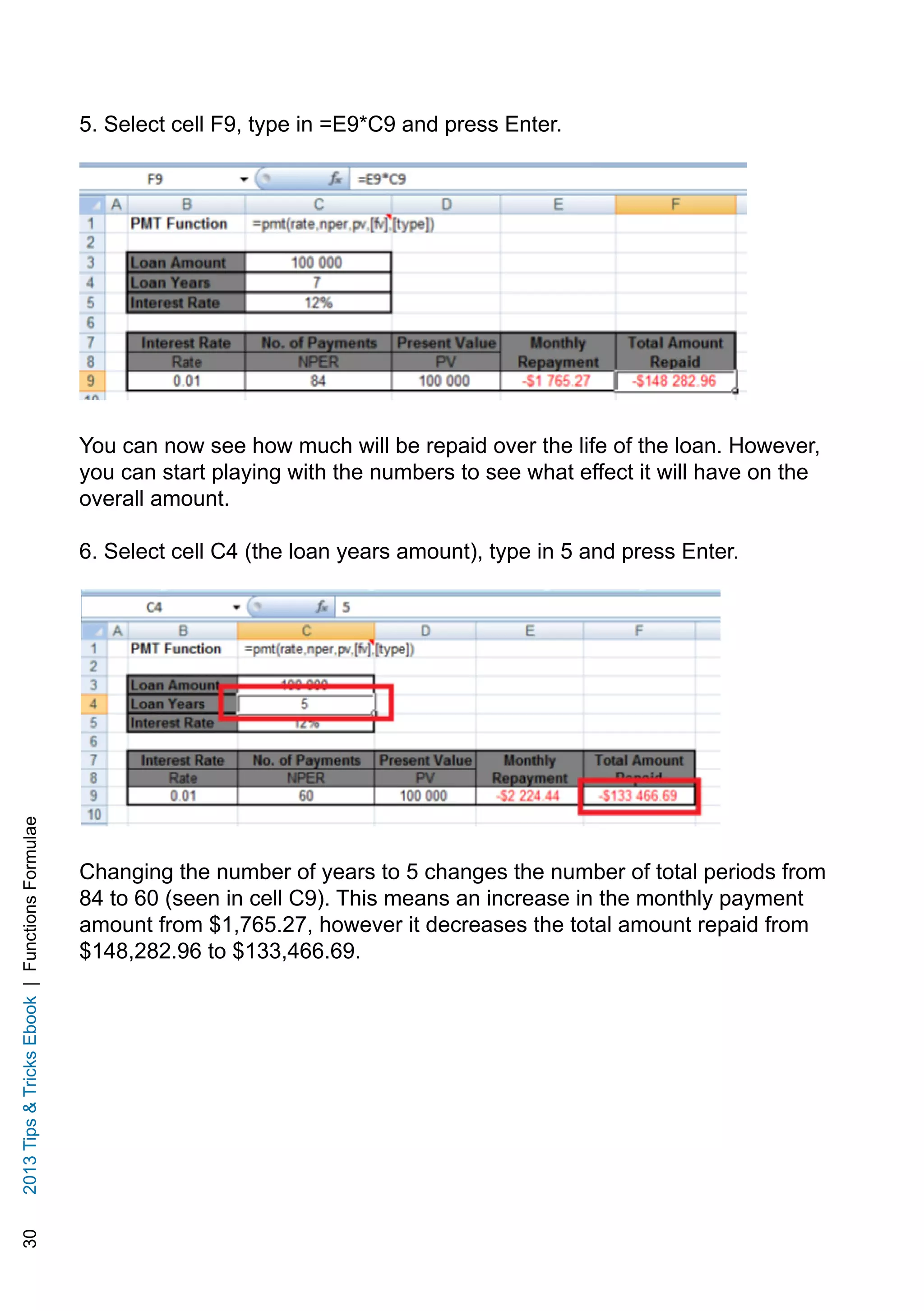 302013TipsTricksEbook|FunctionsFormulae
5. Select cell F9, type in =E9*C9 and press Enter.
You can now see how much will be repaid over the life of the loan. However,
you can start playing with the numbers to see what effect it will have on the
overall amount.
6. Select cell C4 (the loan years amount), type in 5 and press Enter.
Changing the number of years to 5 changes the number of total periods from
84 to 60 (seen in cell C9). This means an increase in the monthly payment
amount from $1,765.27, however it decreases the total amount repaid from
$148,282.96 to $133,466.69.
 