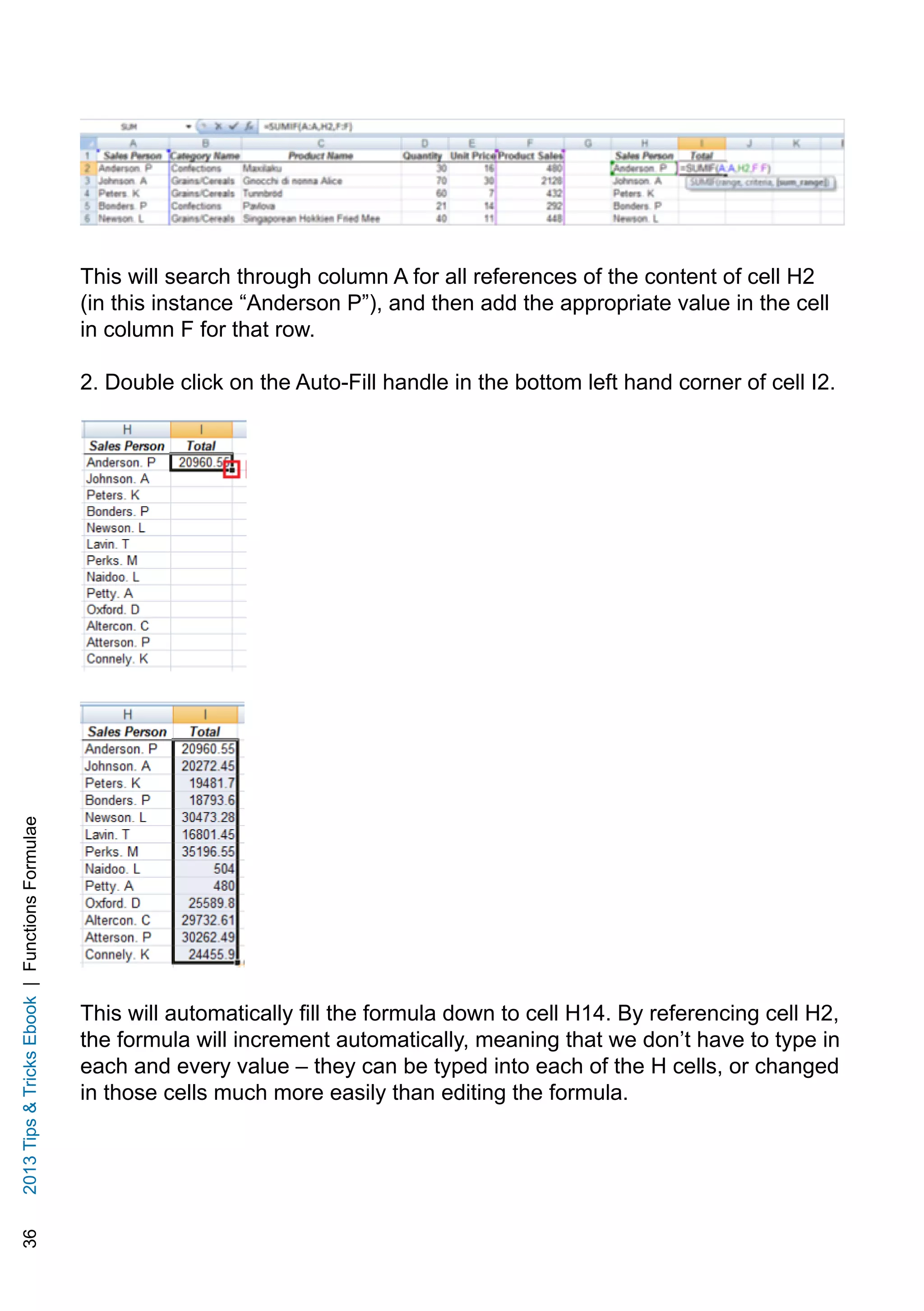 362013TipsTricksEbook|FunctionsFormulae
This will search through column A for all references of the content of cell H2
(in this instance “Anderson P”), and then add the appropriate value in the cell
in column F for that row.
2. Double click on the Auto-Fill handle in the bottom left hand corner of cell I2.
This will automatically fill the formula down to cell H14. By referencing cell H2,
the formula will increment automatically, meaning that we don’t have to type in
each and every value – they can be typed into each of the H cells, or changed
in those cells much more easily than editing the formula.
 