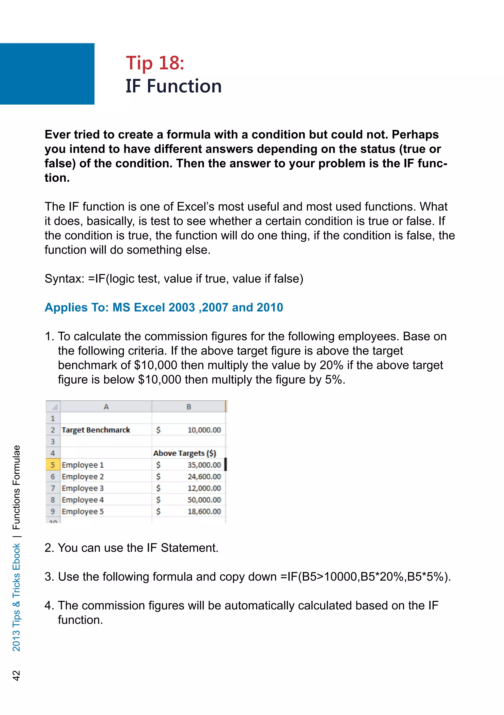 422013TipsTricksEbook|FunctionsFormulae
Ever tried to create a formula with a condition but could not. Perhaps
you intend to have different answers depending on the status (true or
false) of the condition. Then the answer to your problem is the IF func-
tion.
The IF function is one of Excel’s most useful and most used functions. What
it does, basically, is test to see whether a certain condition is true or false. If
the condition is true, the function will do one thing, if the condition is false, the
function will do something else.
Syntax: =IF(logic test, value if true, value if false)
Applies To: MS Excel 2003 ,2007 and 2010
1. To calculate the commission figures for the following employees. Base on
the following criteria. If the above target figure is above the target
benchmark of $10,000 then multiply the value by 20% if the above target
figure is below $10,000 then multiply the figure by 5%.
2. You can use the IF Statement.
3. Use the following formula and copy down =IF(B510000,B5*20%,B5*5%).
4. The commission figures will be automatically calculated based on the IF
function.
Tip 18:
IF Function
 