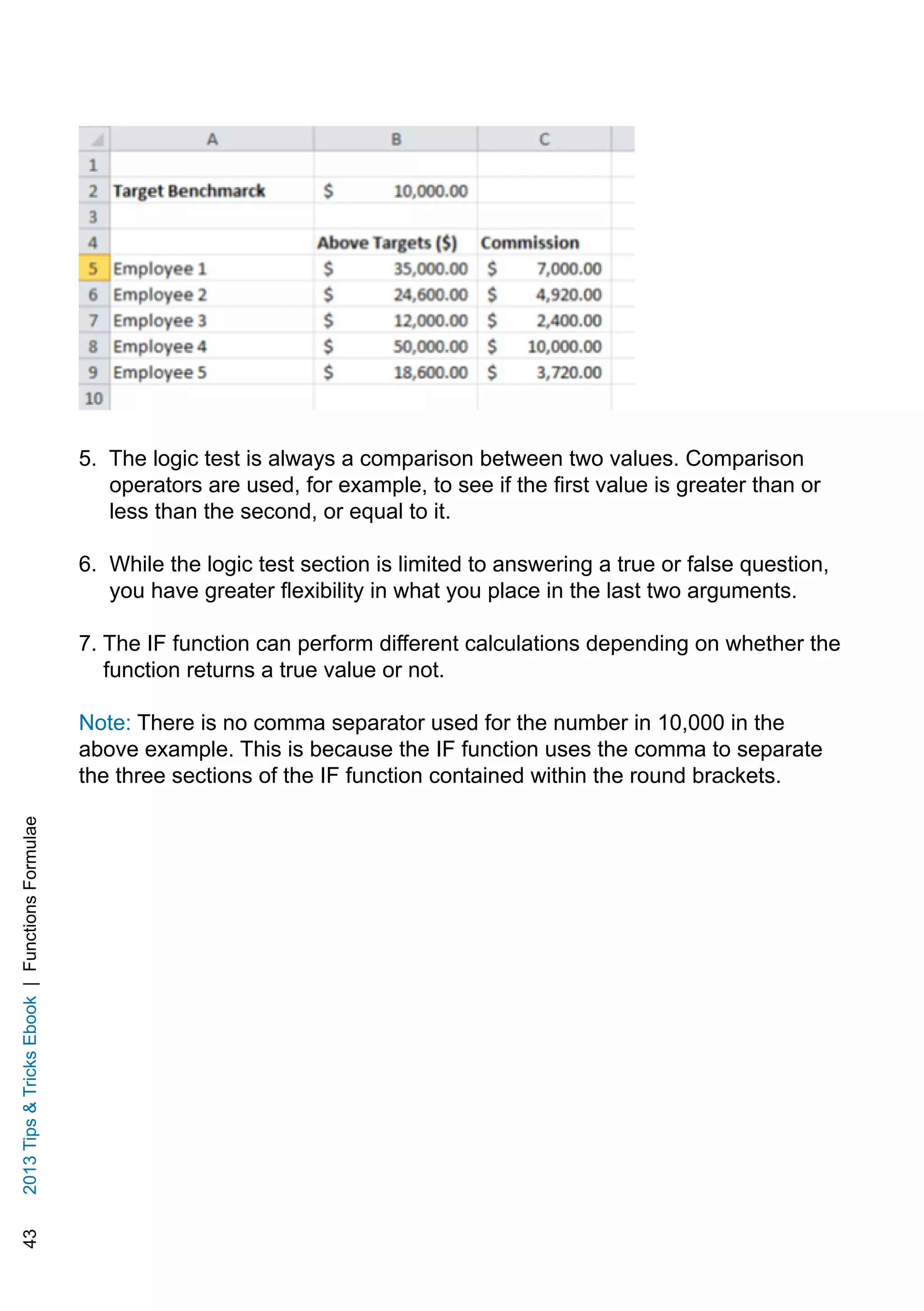 432013TipsTricksEbook|FunctionsFormulae
5. The logic test is always a comparison between two values. Comparison
operators are used, for example, to see if the first value is greater than or
less than the second, or equal to it.
6. While the logic test section is limited to answering a true or false question,
you have greater flexibility in what you place in the last two arguments.
7. The IF function can perform different calculations depending on whether the
function returns a true value or not.
Note: There is no comma separator used for the number in 10,000 in the
above example. This is because the IF function uses the comma to separate
the three sections of the IF function contained within the round brackets.
 