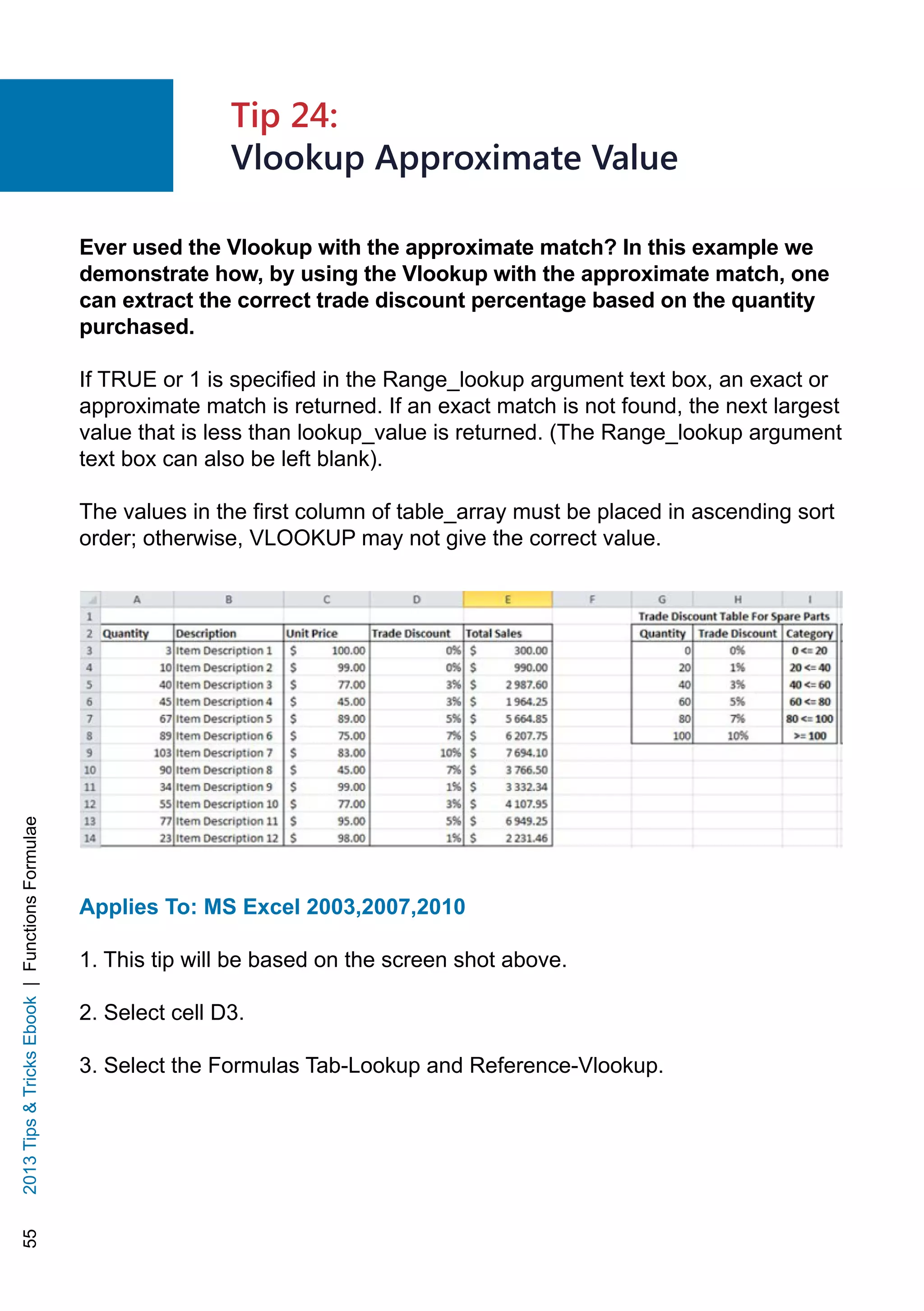 552013TipsTricksEbook|FunctionsFormulae
Ever used the Vlookup with the approximate match? In this example we
demonstrate how, by using the Vlookup with the approximate match, one
can extract the correct trade discount percentage based on the quantity
purchased.
If TRUE or 1 is specified in the Range_lookup argument text box, an exact or
approximate match is returned. If an exact match is not found, the next largest
value that is less than lookup_value is returned. (The Range_lookup argument
text box can also be left blank).
The values in the first column of table_array must be placed in ascending sort
order; otherwise, VLOOKUP may not give the correct value.
Applies To: MS Excel 2003,2007,2010
1. This tip will be based on the screen shot above.
2. Select cell D3.
3. Select the Formulas Tab-Lookup and Reference-Vlookup.
Tip 24:
Vlookup Approximate Value
 