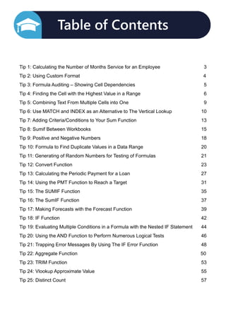 Table of Contents

Tip 1: Calculating the Number of Months Service for an Employee 3
Tip 2: Using Custom Format						 4
Tip 3: Formula Auditing – Showing Cell Dependencies 5
Tip 4: Finding the Cell with the Highest Value in a Range 6
Tip 5: Combining Text From Multiple Cells into One 9
Tip 6: Use MATCH and INDEX as an Alternative to The Vertical Lookup 10
Tip 7: Adding Criteria/Conditions to Your Sum Function 13
Tip 8: Sumif Between Workbooks 15
Tip 9: Positive and Negative Numbers 18
Tip 10: Formula to Find Duplicate Values in a Data Range  20
Tip 11: Generating of Random Numbers for Testing of Formulas  21
Tip 12: Convert Function 23
Tip 13: Calculating the Periodic Payment for a Loan  27
Tip 14: Using the PMT Function to Reach a Target  31
Tip 15: The SUMIF Function 35
Tip 16: The SumIF Function 37
Tip 17: Making Forecasts with the Forecast Function  39
Tip 18: IF Function  42
Tip 19: Evaluating Multiple Conditions in a Formula with the Nested IF Statement  44
Tip 20: Using the AND Function to Perform Numerous Logical Tests 46
Tip 21: Trapping Error Messages By Using The IF Error Function 48
Tip 22: Aggregate Function 						 50
Tip 23: TRIM Function  53
Tip 24: Vlookup Approximate Value 55
Tip 25: Distinct Count 57
 