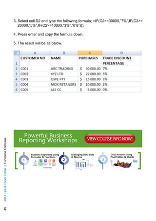 452013TipsTricksEbook|FunctionsFormulae
3. Select cell D2 and type the following formula; =IF(C2=30000,”7%”,IF(C2=
20000,”5%”,IF(C2=10000,”3%”,”0%”))).
4. Press enter and copy the formula down.
5. The result will be as below.
 