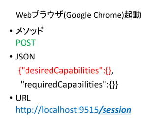 Webブラウザ(Google Chrome)起動
• メソッド
POST
• JSON
{"desiredCapabilities":{},
"requiredCapabilities":{}}
• URL
http://localhost:9515/session
 