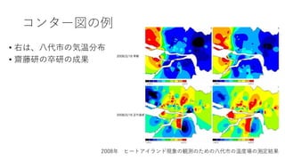 コンター図の例
• 右は、八代市の気温分布
• 齋藤研の卒研の成果
122008年 ヒートアイランド現象の観測のための八代市の温度場の測定結果
 