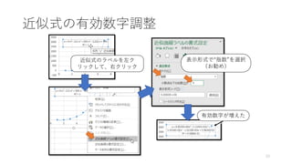 近似式の有効数字調整
33
有効数字が増えた
表示形式で“指数”を選択
（お勧め）
近似式のラベルを左ク
リックして、右クリック
 