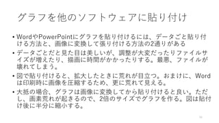 グラフを他のソフトウェアに貼り付け
• WordやPowerPointにグラフを貼り付けるには、データごと貼り付
ける方法と、画像に変換して張り付ける方法の2通りがある
• データごとだと見た目は美しいが、調整が大変だったりファイルサ
イズが増えたり、描画に時間がかかったりする。最悪、ファイルが
壊れてしまう。
• 図で貼り付けると、拡大したときに荒れが目立つ。おまけに、Word
は印刷時に画像を圧縮するため、更に荒れて見える。
• 大抵の場合、グラフは画像に変換してから貼り付けると良い。ただ
し、画素荒れが起きるので、2倍のサイズでグラフを作る。図は貼付
け後に半分に縮小する。
55
 