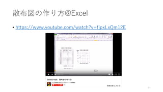 散布図の作り方@Excel
• https://www.youtube.com/watch?v=fjpxLxQm12E
61
 