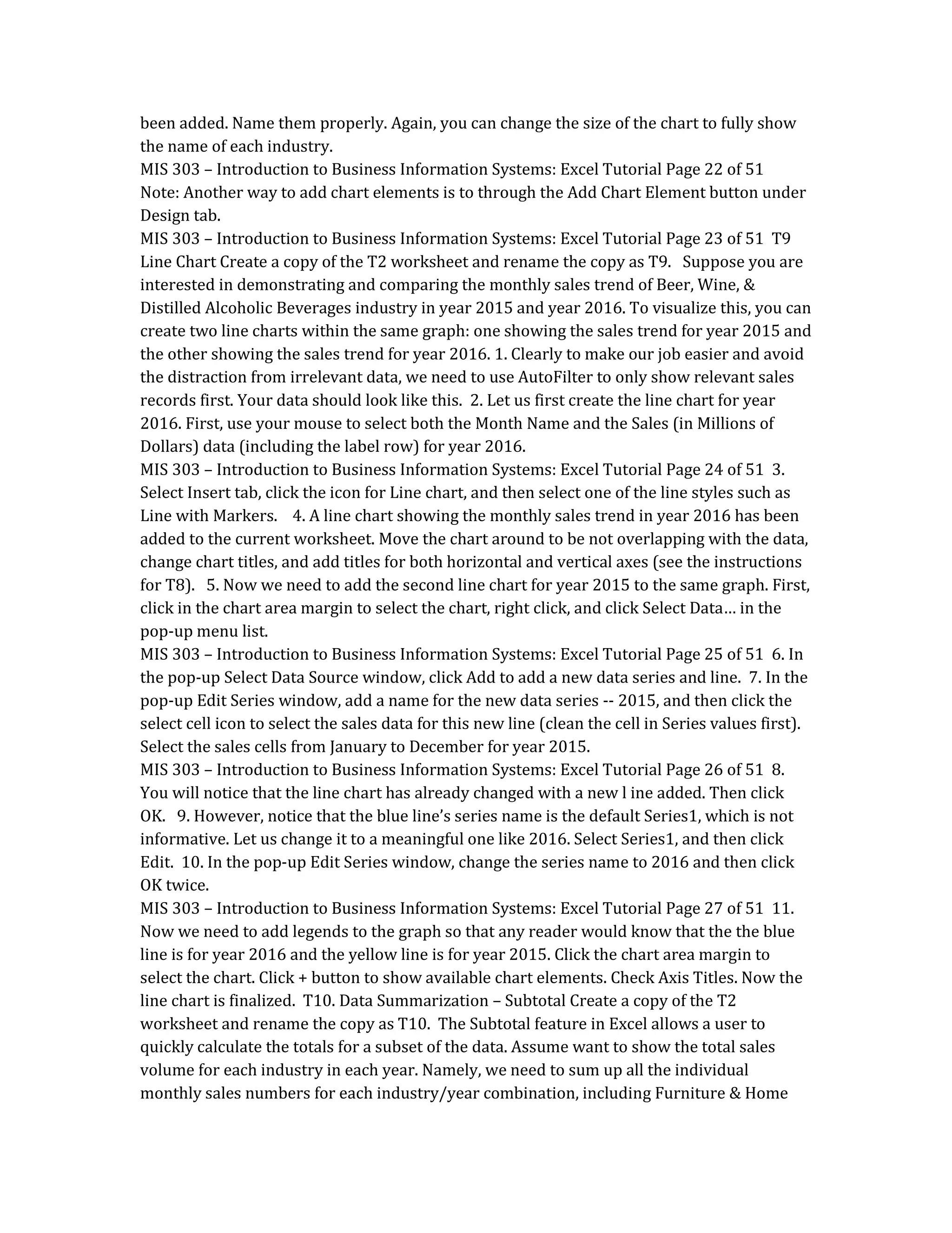 been added. Name them properly. Again, you can change the size of the chart to fully show
the name of each industry.
MIS 303 – Introduction to Business Information Systems: Excel Tutorial Page 22 of 51
Note: Another way to add chart elements is to through the Add Chart Element button under
Design tab.
MIS 303 – Introduction to Business Information Systems: Excel Tutorial Page 23 of 51 T9
Line Chart Create a copy of the T2 worksheet and rename the copy as T9. Suppose you are
interested in demonstrating and comparing the monthly sales trend of Beer, Wine, &
Distilled Alcoholic Beverages industry in year 2015 and year 2016. To visualize this, you can
create two line charts within the same graph: one showing the sales trend for year 2015 and
the other showing the sales trend for year 2016. 1. Clearly to make our job easier and avoid
the distraction from irrelevant data, we need to use AutoFilter to only show relevant sales
records first. Your data should look like this. 2. Let us first create the line chart for year
2016. First, use your mouse to select both the Month Name and the Sales (in Millions of
Dollars) data (including the label row) for year 2016.
MIS 303 – Introduction to Business Information Systems: Excel Tutorial Page 24 of 51 3.
Select Insert tab, click the icon for Line chart, and then select one of the line styles such as
Line with Markers. 4. A line chart showing the monthly sales trend in year 2016 has been
added to the current worksheet. Move the chart around to be not overlapping with the data,
change chart titles, and add titles for both horizontal and vertical axes (see the instructions
for T8). 5. Now we need to add the second line chart for year 2015 to the same graph. First,
click in the chart area margin to select the chart, right click, and click Select Data… in the
pop-up menu list.
MIS 303 – Introduction to Business Information Systems: Excel Tutorial Page 25 of 51 6. In
the pop-up Select Data Source window, click Add to add a new data series and line. 7. In the
pop-up Edit Series window, add a name for the new data series -- 2015, and then click the
select cell icon to select the sales data for this new line (clean the cell in Series values first).
Select the sales cells from January to December for year 2015.
MIS 303 – Introduction to Business Information Systems: Excel Tutorial Page 26 of 51 8.
You will notice that the line chart has already changed with a new l ine added. Then click
OK. 9. However, notice that the blue line’s series name is the default Series1, which is not
informative. Let us change it to a meaningful one like 2016. Select Series1, and then click
Edit. 10. In the pop-up Edit Series window, change the series name to 2016 and then click
OK twice.
MIS 303 – Introduction to Business Information Systems: Excel Tutorial Page 27 of 51 11.
Now we need to add legends to the graph so that any reader would know that the the blue
line is for year 2016 and the yellow line is for year 2015. Click the chart area margin to
select the chart. Click + button to show available chart elements. Check Axis Titles. Now the
line chart is finalized. T10. Data Summarization – Subtotal Create a copy of the T2
worksheet and rename the copy as T10. The Subtotal feature in Excel allows a user to
quickly calculate the totals for a subset of the data. Assume want to show the total sales
volume for each industry in each year. Namely, we need to sum up all the individual
monthly sales numbers for each industry/year combination, including Furniture & Home
 
