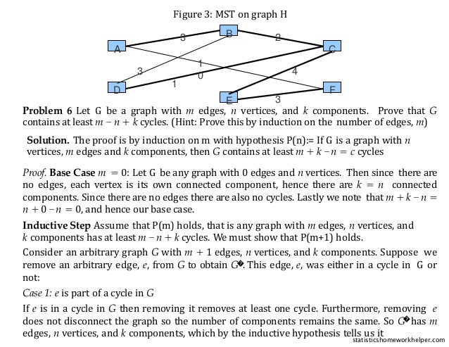 Figure 3: MST on graph H
A
B
C
D
E
F
1
0
3 2
3
1
4
3
Problem 6 Let G be a graph with m edges, n vertices, and k components. Prove that G
contains at least m − n + k cycles. (Hint: Prove this by induction on the number of edges, m)
Solution. The proof is by induction on m with hypothesis P(n):= If G is a graph with n
vertices, m edges and k components, then G contains at least m + k −n = c cycles
Proof. Base Case m = 0: Let G be any graph with 0 edges and n vertices. Then since there are
no edges, each vertex is its own connected component, hence there are k = n connected
components. Since there are no edges there are also no cycles. Lastly we note that m + k −n =
n + 0 −n = 0, and hence our base case.
Inductive Step Assume that P(m) holds, that is any graph with m edges, n vertices, and
k components has at least m −n + k cycles. We must show that P(m+1) holds.
Consider an arbitrary graph G with m + 1 edges, n vertices, and k components. Suppose we
remove an arbitrary edge, e, from G to obtain G�. This edge, e, was either in a cycle in G or
not:
Case 1: e is part of a cycle in G
If e is in a cycle in G then removing it removes at least one cycle. Furthermore, removing e
does not disconnect the graph so the number of components remains the same. So G� has m
edges, n vertices, and k components, which by the inductive hypothesis tells us it
statisticshomeworkhelper.com
 