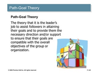 © 2005 Prentice Hall Inc. All rights reserved. 11–20
Path-Goal Theory
Path-Goal Theory
The theory that it is the leader’s
job to assist followers in attaining
their goals and to provide them the
necessary direction and/or support
to ensure that their goals are
compatible with the overall
objectives of the group or
organization.
 