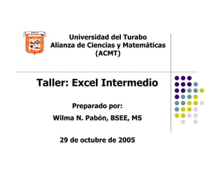 Taller: Excel Intermedio
Preparado por:
Wilma N. Pabón, BSEE, MS
29 de octubre de 2005
Universidad del Turabo
Alianza de Ciencias y Matemáticas
(ACMT)
 