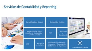 Contabilidad del día a día
Consolidación de Estados
Financieros y Coordinación
de Servicios de Reporting
Preparación de Libros
Oficiales de Contabilidad y
Cuentas Anuales
Servicios de Contabilidady Reporting
Asesoramiento General
Corporativo
y
Operacional
Asistencia
a Auditores
Contabilidad Analítica
IFRS
NIIF
 