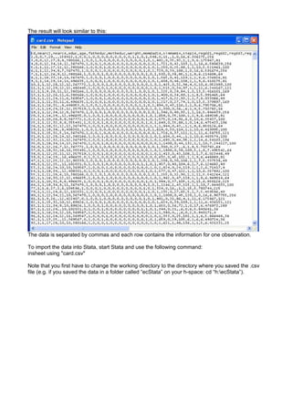 The result will look similar to this:
The data is separated by commas and each row contains the information for one observation.
To import the data into Stata, start Stata and use the following command:
insheet using "card.csv"
Note that you first have to change the working directory to the directory where you saved the .csv
file (e.g. if you saved the data in a folder called ecStata on your h-space: cd h:ecStata).
 